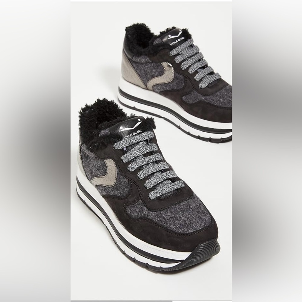 Voile Blanche- Maran Shearling Black and Gray Platform Women's Sneakers- size:10